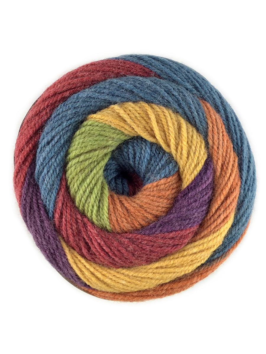 A colorful ball of Plymouth Yarns Hot Cakes yarn