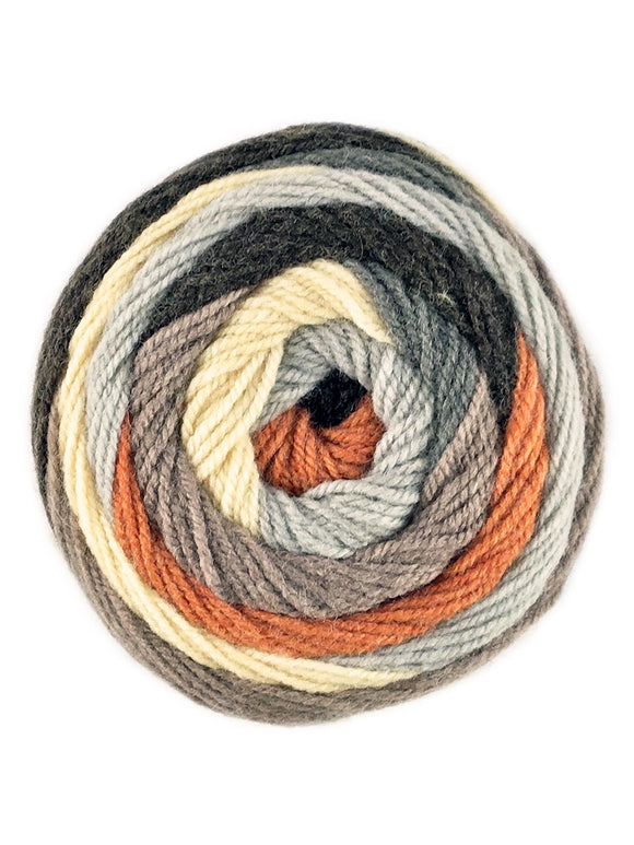 A colorful ball of Plymouth Yarns Hot Cakes yarn