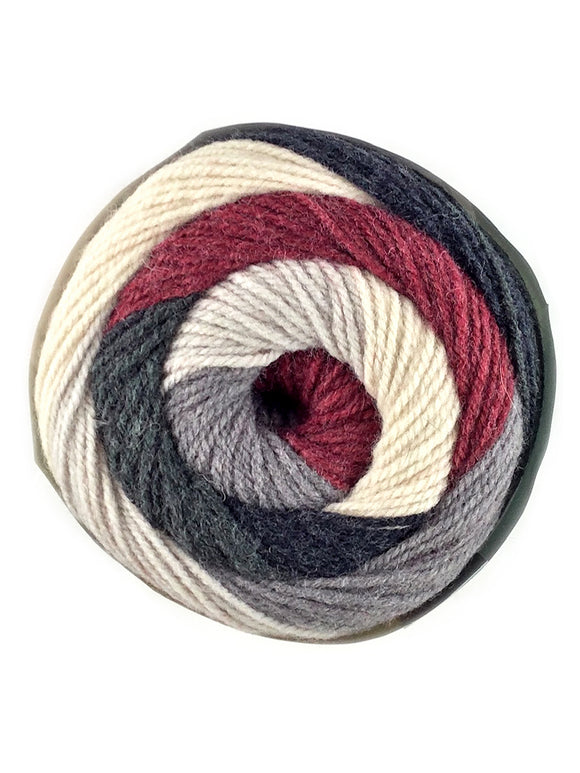 A colorful ball of Plymouth Yarns Hot Cakes yarn