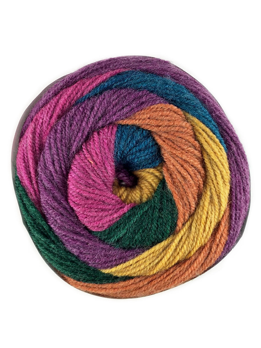 A colorful ball of Plymouth Yarns Hot Cakes yarn