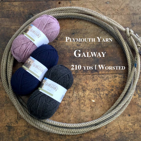 Skeins of Plymouth Yarn Galway wool yarn on a wooden surface