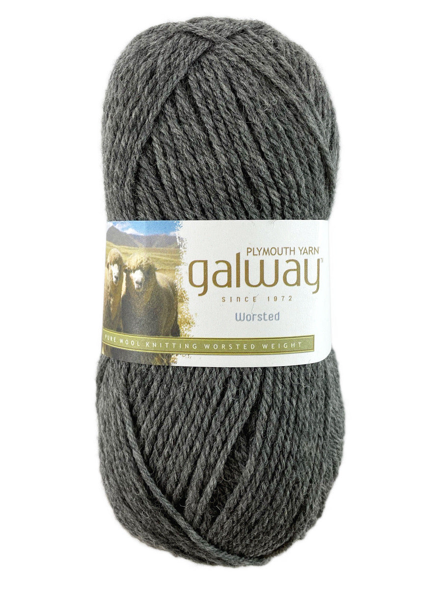A grey skein of Plymouth Yarn Galway yarn