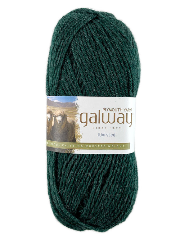 A green skein of Plymouth Yarn Galway yarn