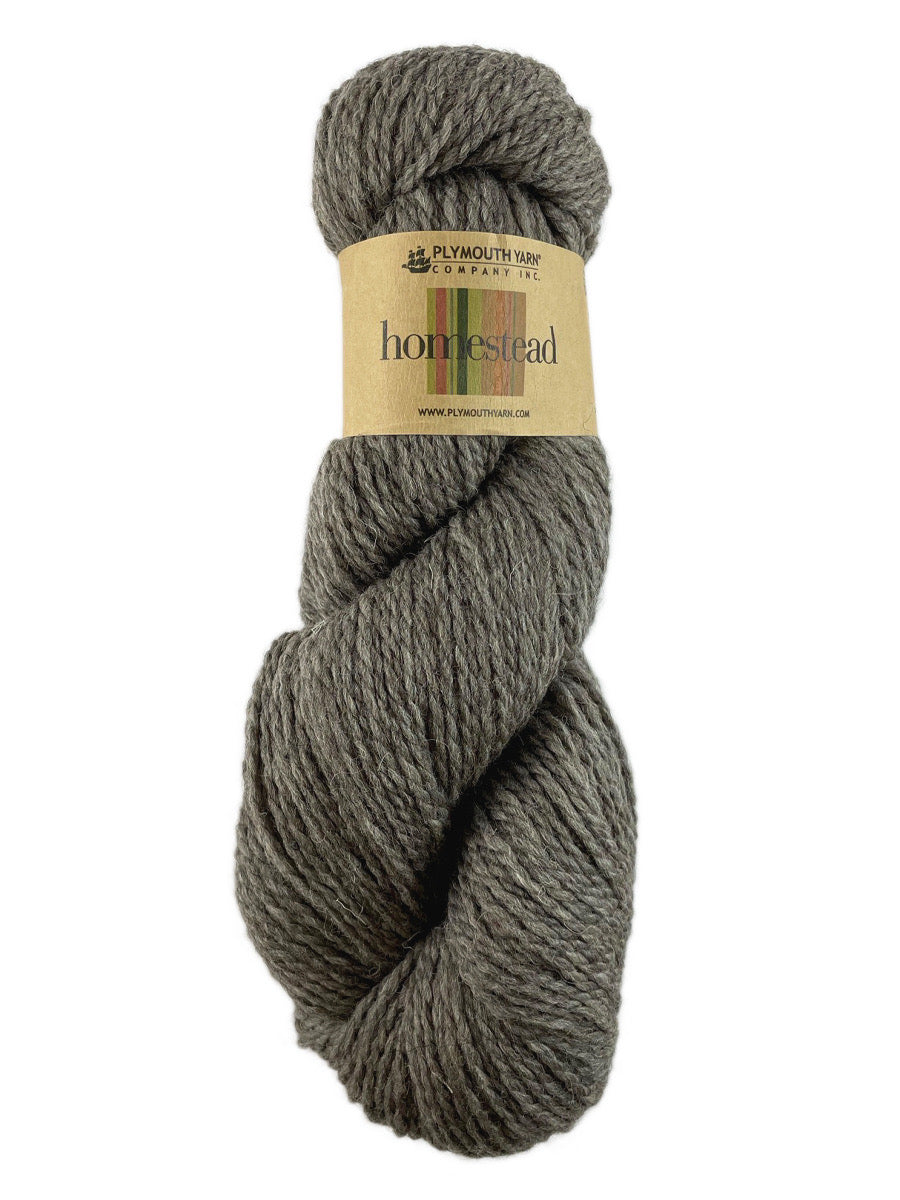 A taupe skein of Plymouth Yarn Homestead yarn