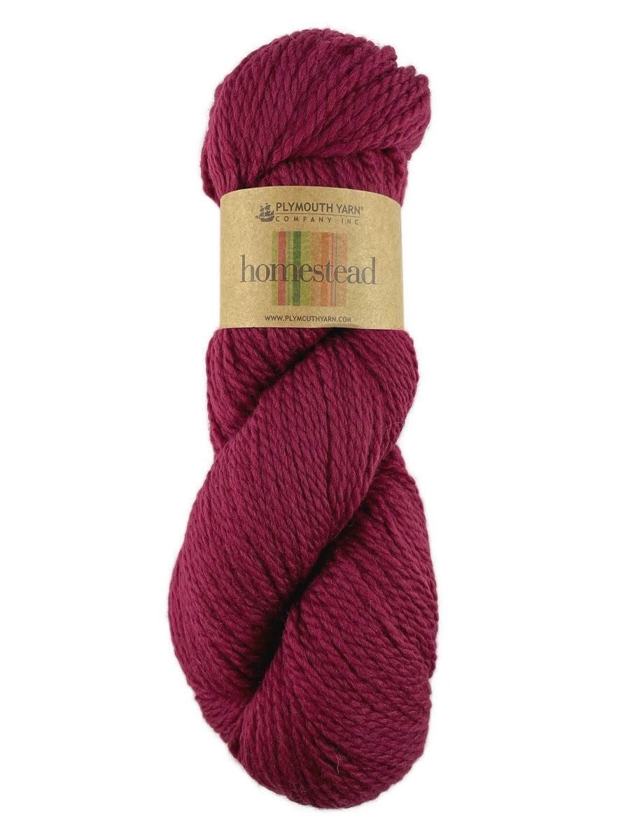 A red skein of Plymouth Homestead yarn