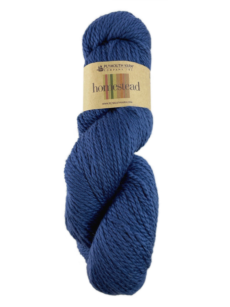 A blue skein of Plymouth Homestead yarn