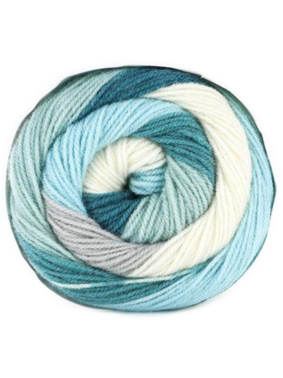 A colorful ball of Plymouth Yarns Hot Cakes yarn