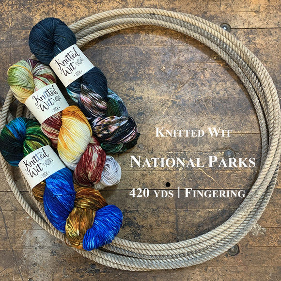 A Photo of four colorful skeins of Knitted Wit National Parks yarn