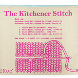 The kitchener stitch bag- instructions printed in pink on a white canvas pouch