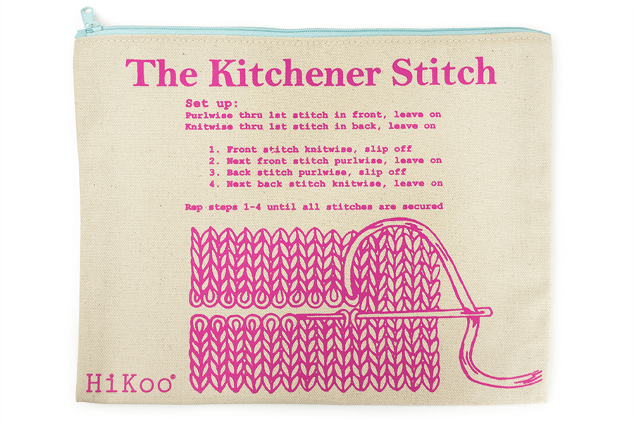 The kitchener stitch bag- instructions printed in pink on a white canvas pouch