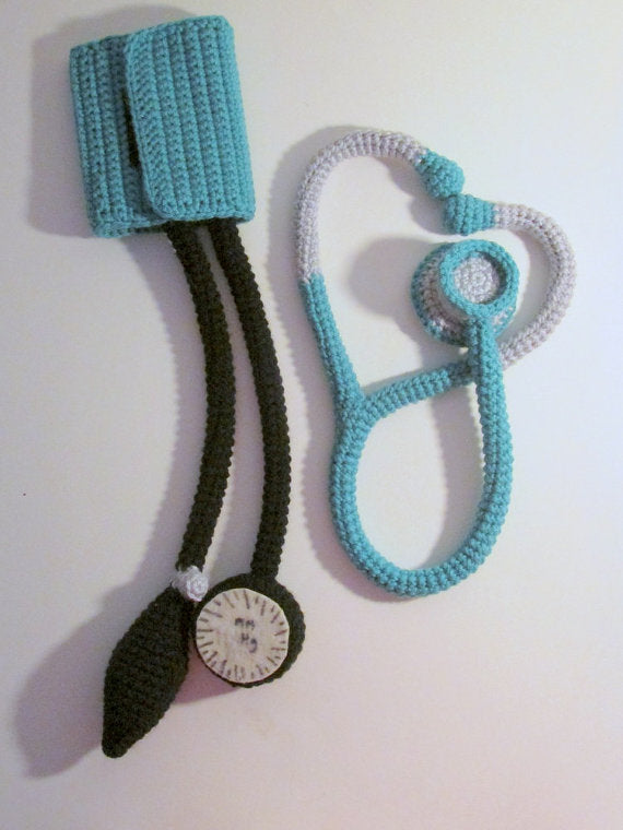A crocheted stethoscope and BP cuff