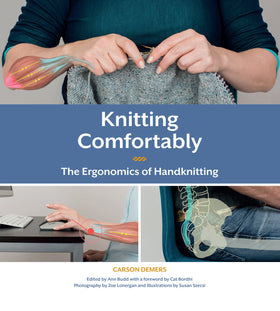 Knitting Comfortably - The Ergonomics of Handknitting. Person knitting, Xray of hips and spine, Person sitting at a desk, Blue and White cover