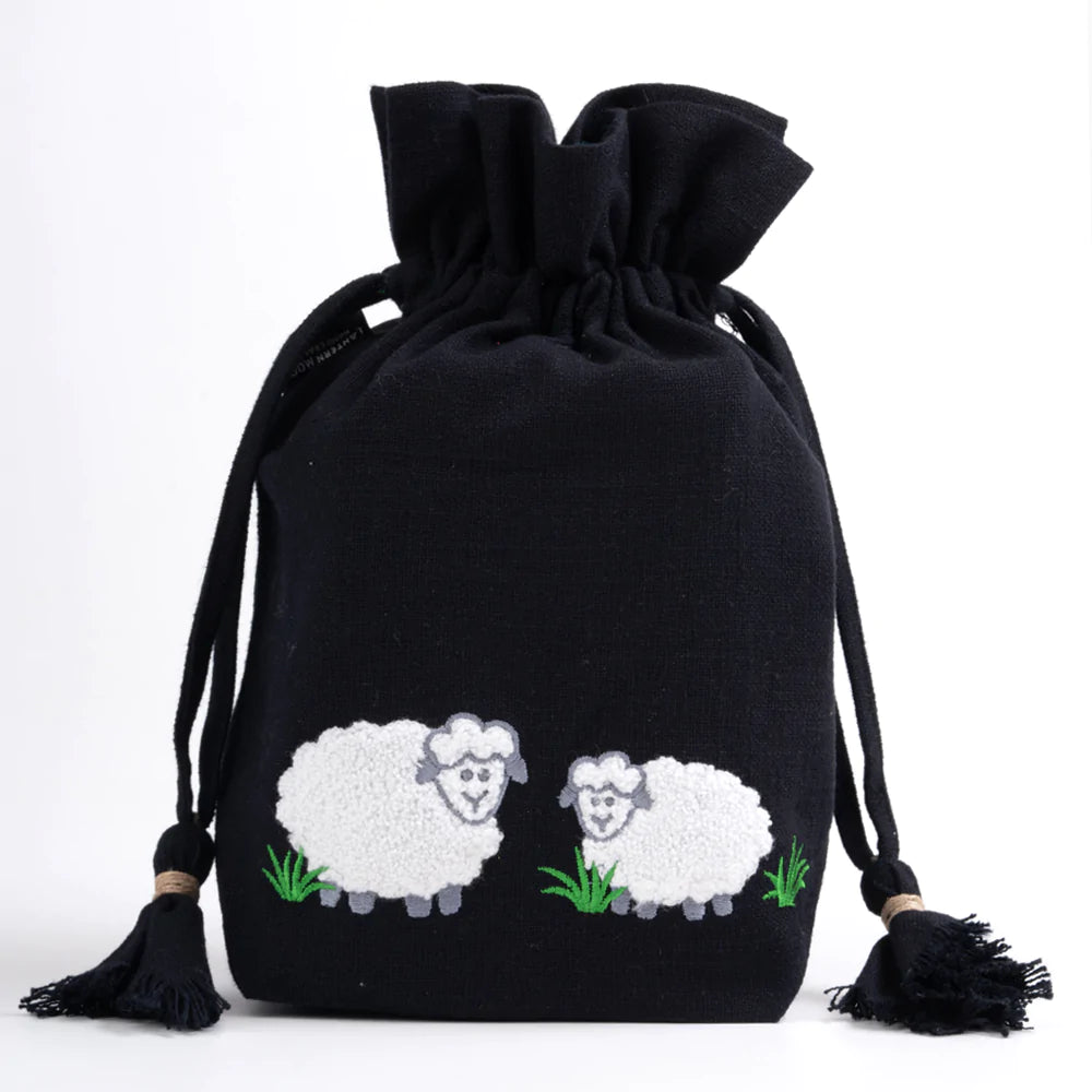 Lantern Moon Meadow Drawstring Bag color black canvas white sheep