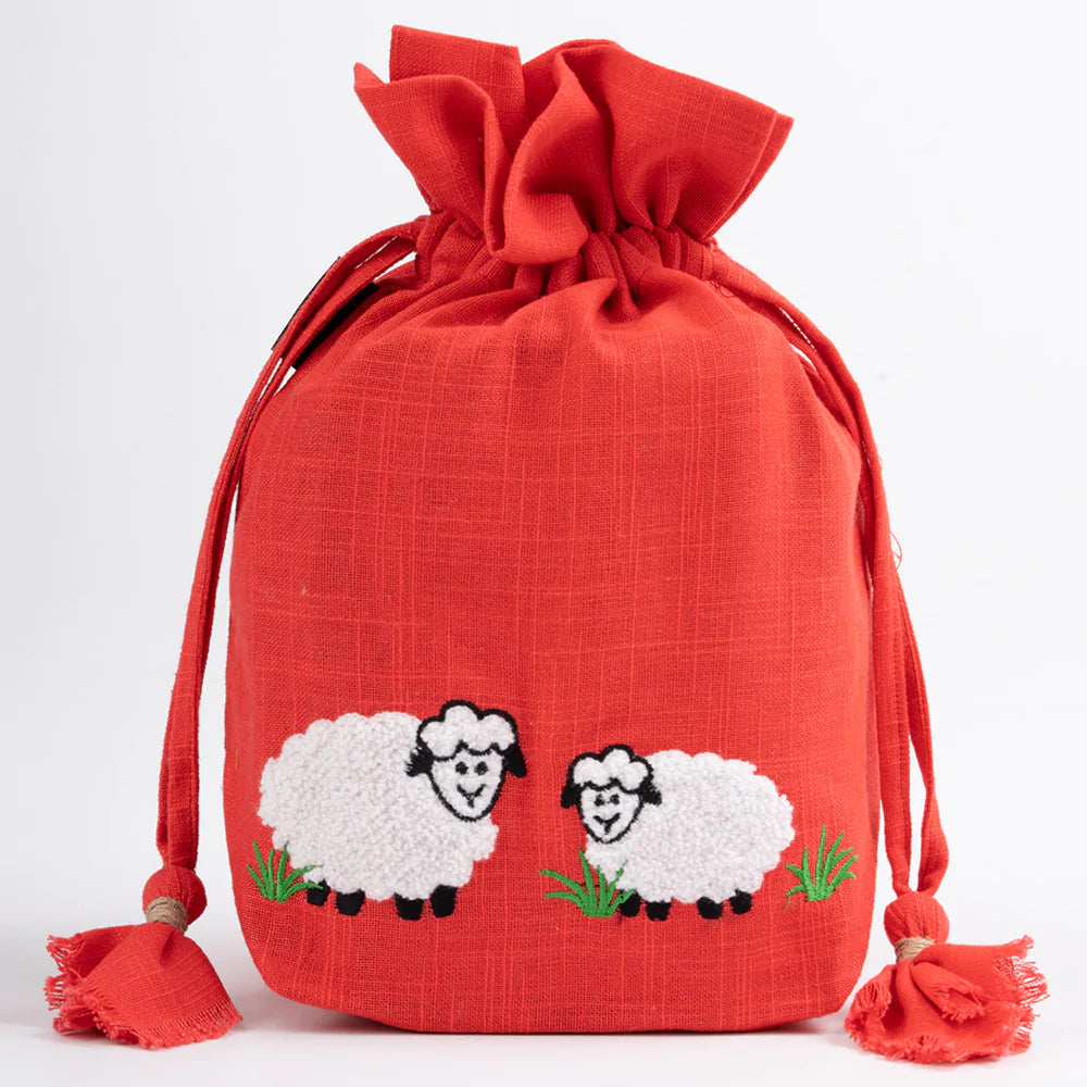 Lantern Moon Meadow Drawstring Bag color red canvas white sheep