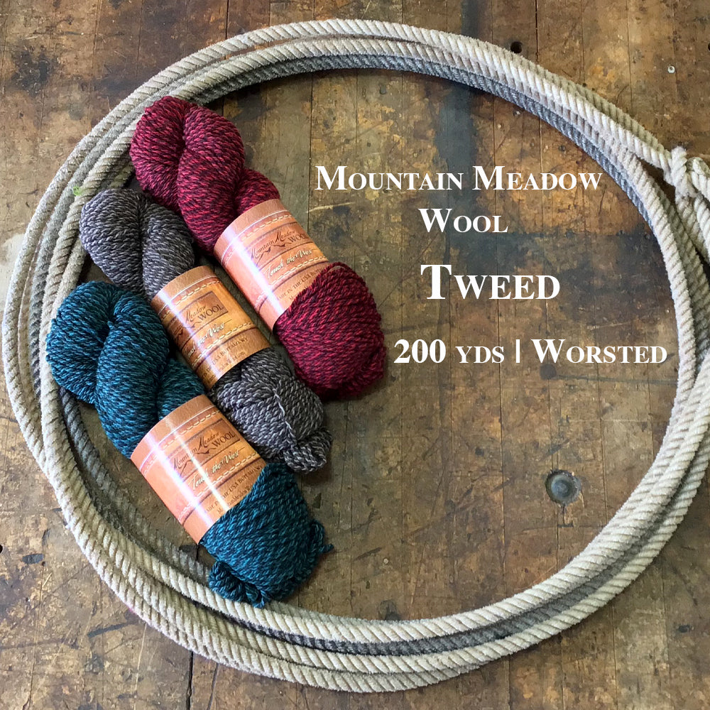 Three colorful hanks of Mountain Meadow Wool Tweed worsted yarn inside a lasso on a wooden backdrop