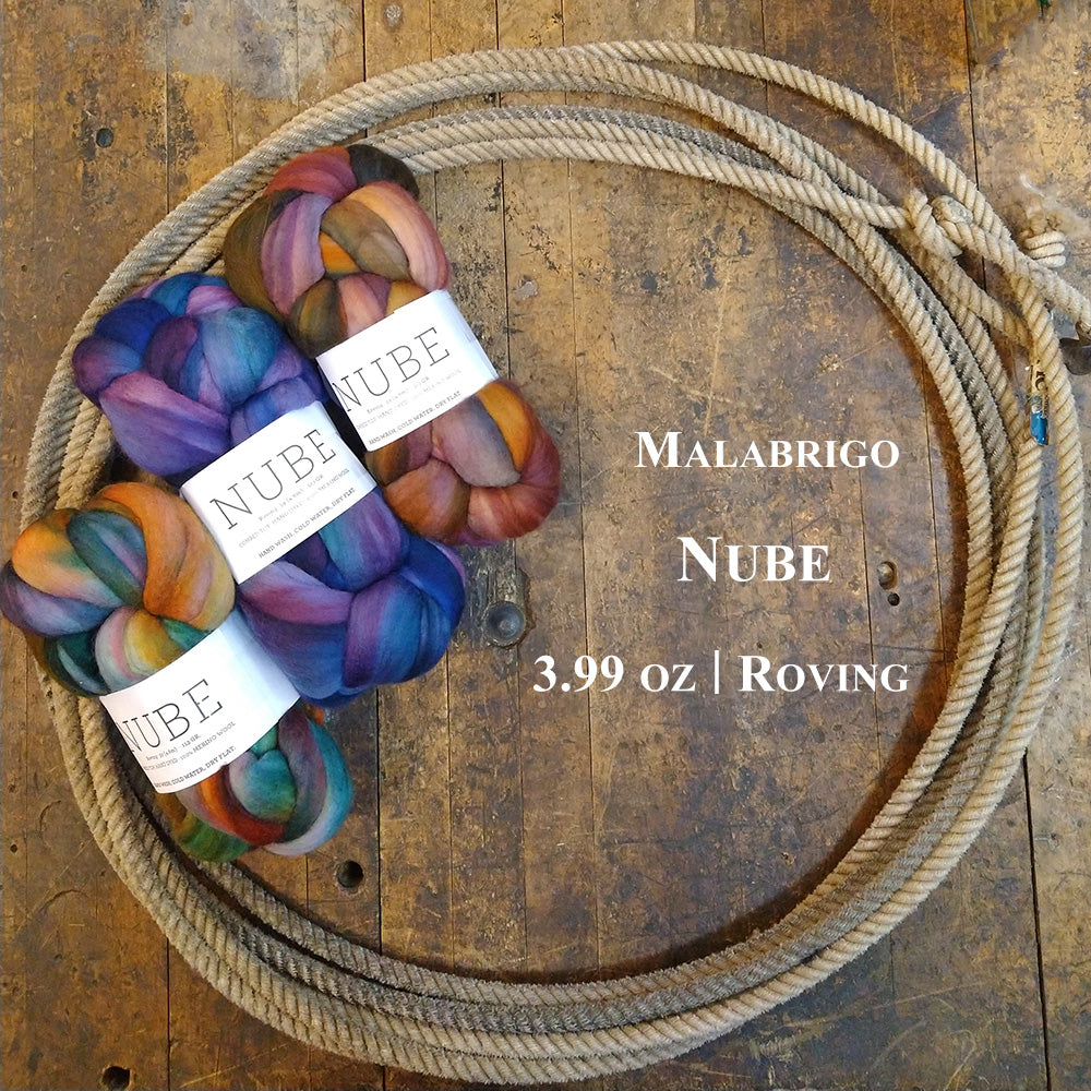 Photo of three colorful braids of Nube roving in a lasso on a wooden surface