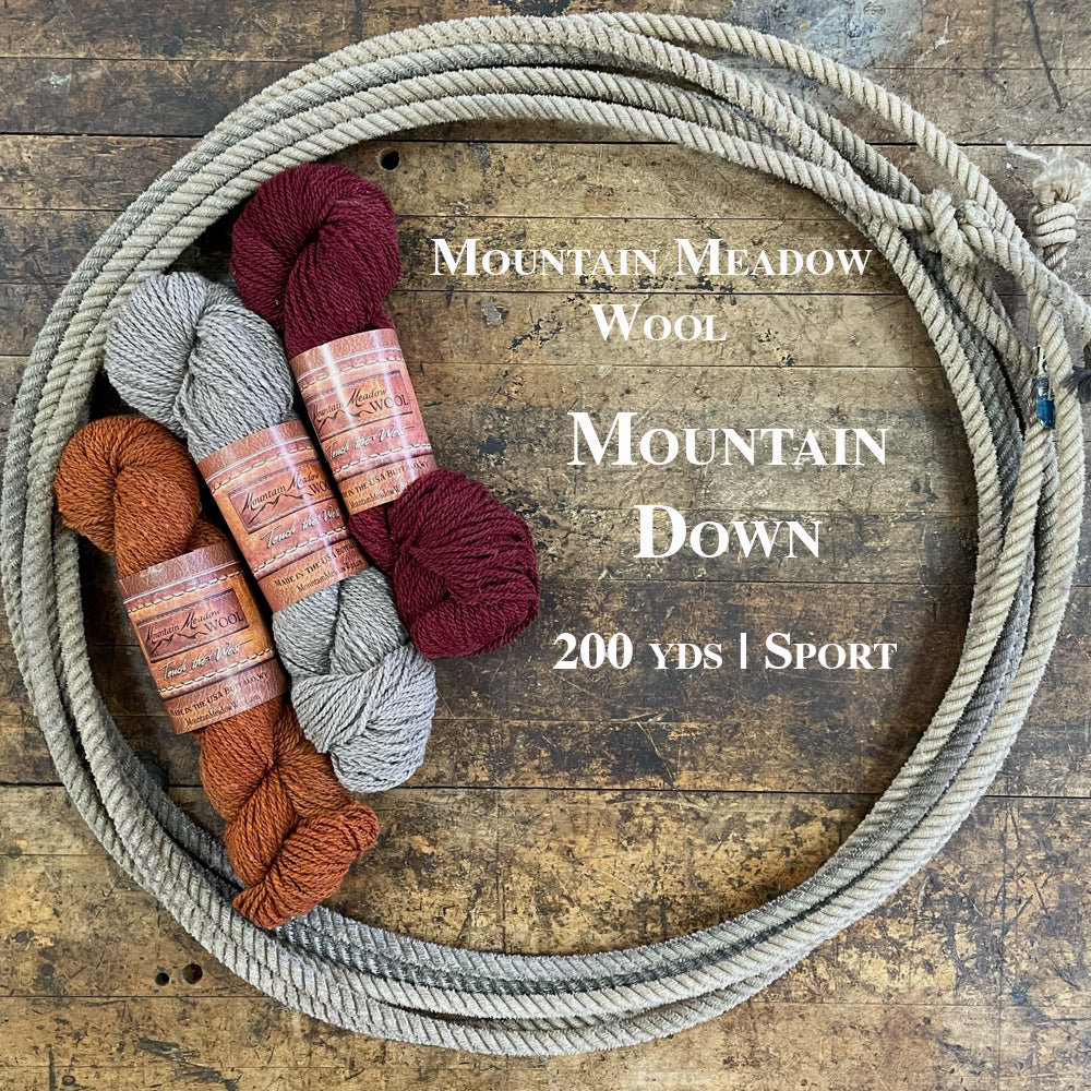 Three hanks of the Mountain Meadow Wool Mountain Down collection laying within a lasso on a wooden surface.