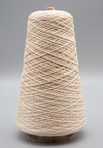Photo of a cone of off-white mercerized cotton 10/2 yarn