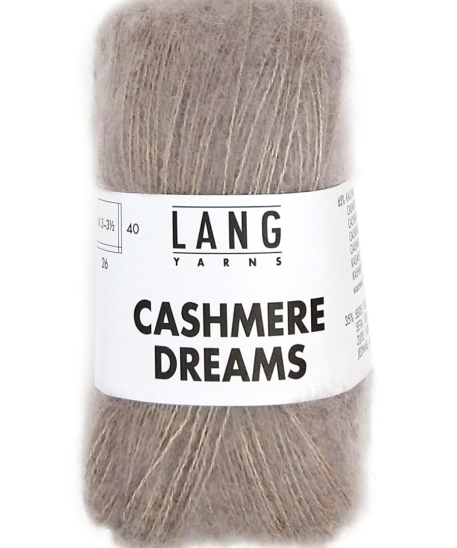A photo of a gray/brown skein of Lang Cashmere Dreams lace yarn