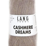 A photo of a gray/brown skein of Lang Cashmere Dreams lace yarn