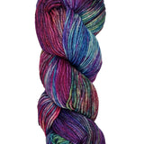 A colorful skein of blue and purple Malabrigo Rios yarn