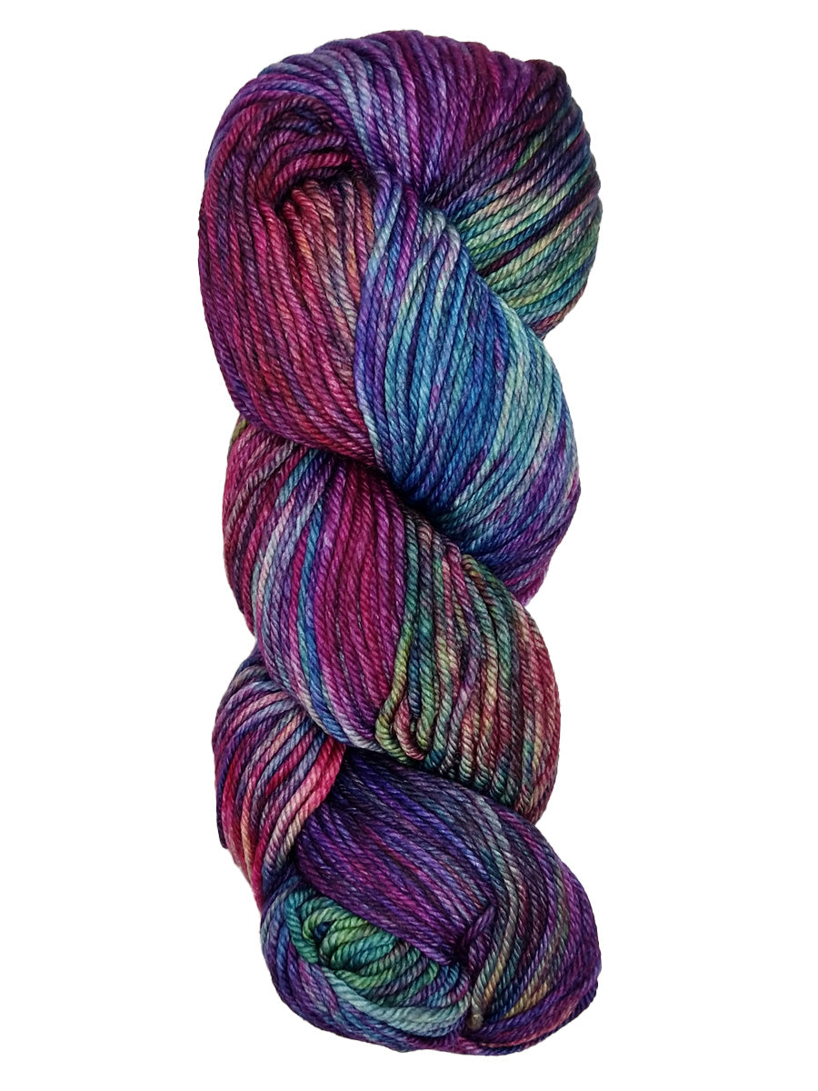 A colorful skein of blue and purple Malabrigo Rios yarn