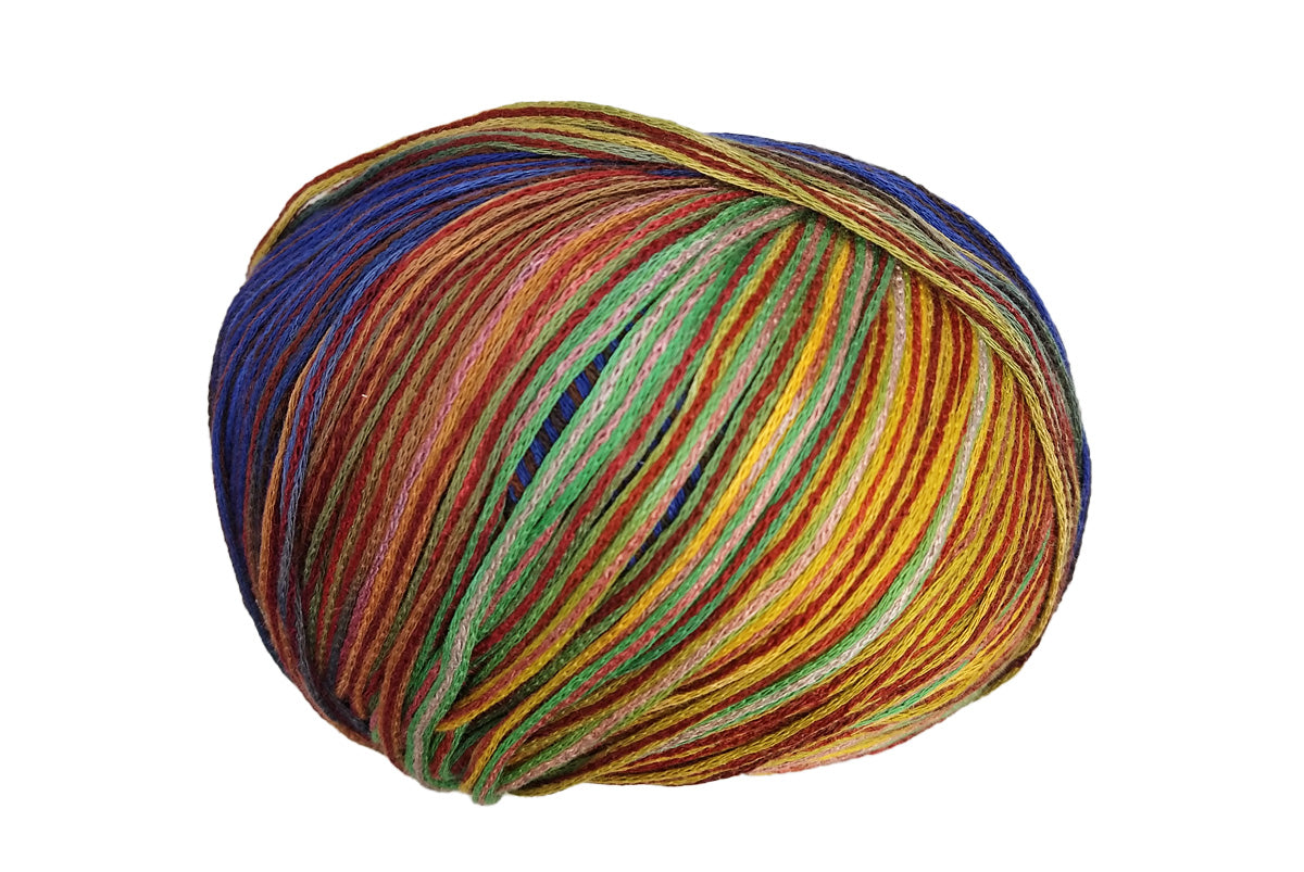 A photo of a pink, blue, green, and yellow Cairns yarn