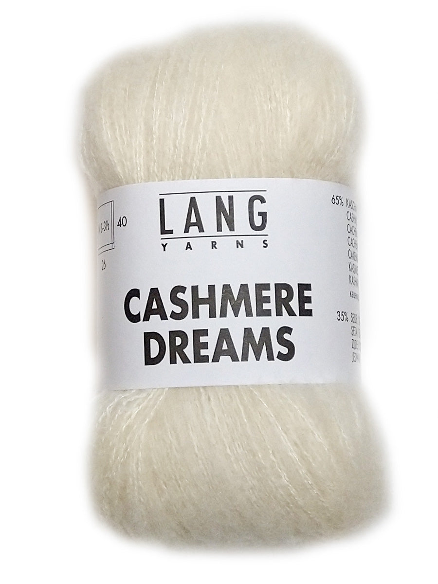 A photo of a natural cream skein of Lang Cashmere Dreams lace yarn