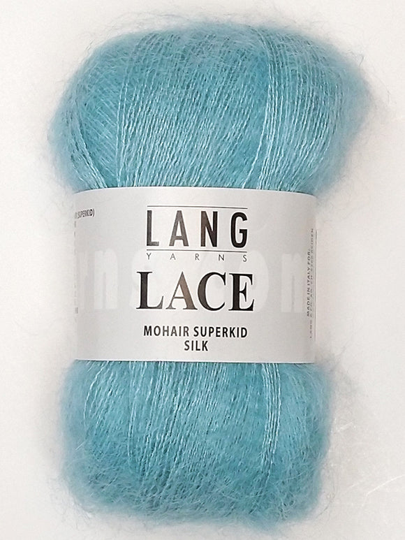 A photo of a light aqua (bright light blue) skein of Lang Lace yarn.