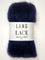 A photo of a Midnight (dark navy blue) skein of Lang Lace yarn.