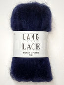 A photo of a Midnight (dark navy blue) skein of Lang Lace yarn.