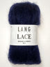 A photo of a Midnight (dark navy blue) skein of Lang Lace yarn.