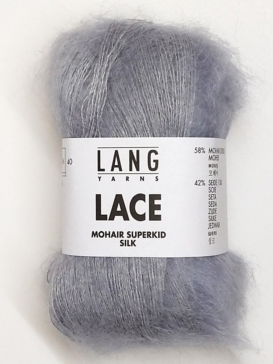 A photo of a silver skein of Lang Lace yarn.