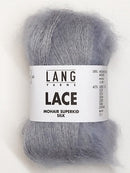 A photo of a silver skein of Lang Lace yarn.