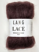 A photo of a truffle (dark reddish-brown) skein of Lang Lace yarn.