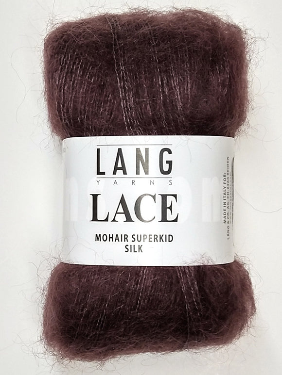 A photo of a truffle (dark reddish-brown) skein of Lang Lace yarn.