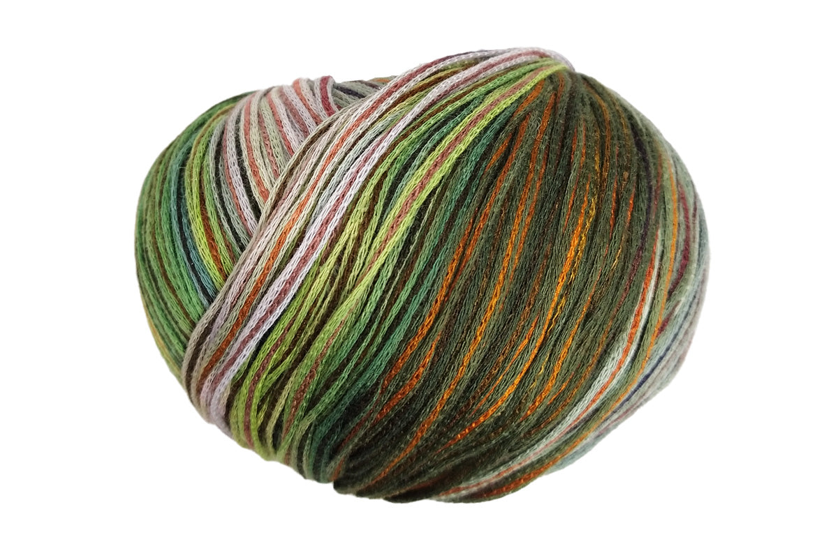 A photo of a pink, green, orange, and gray Cairns yarn