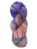 Hank of colorway 1st St Plaza- variegated purple and pink with speckles of green, blue, and orange.
