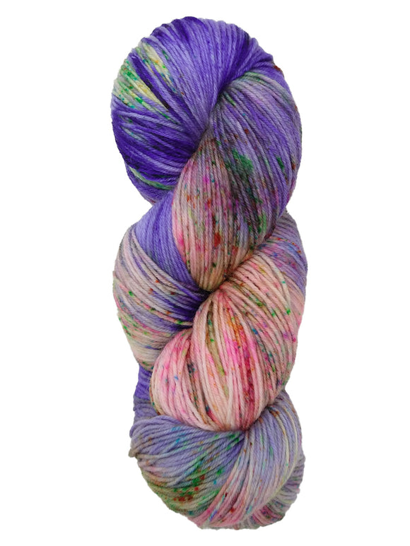Hank of colorway 1st St Plaza- variegated purple and pink with speckles of green, blue, and orange.