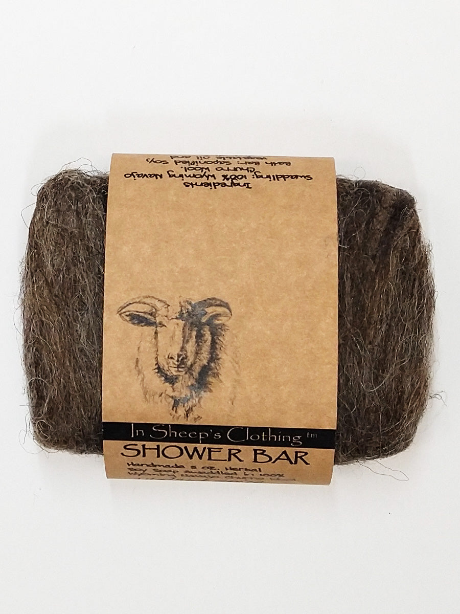 A photo of a shower bar wrapped in felted, Navajo Churro wool.