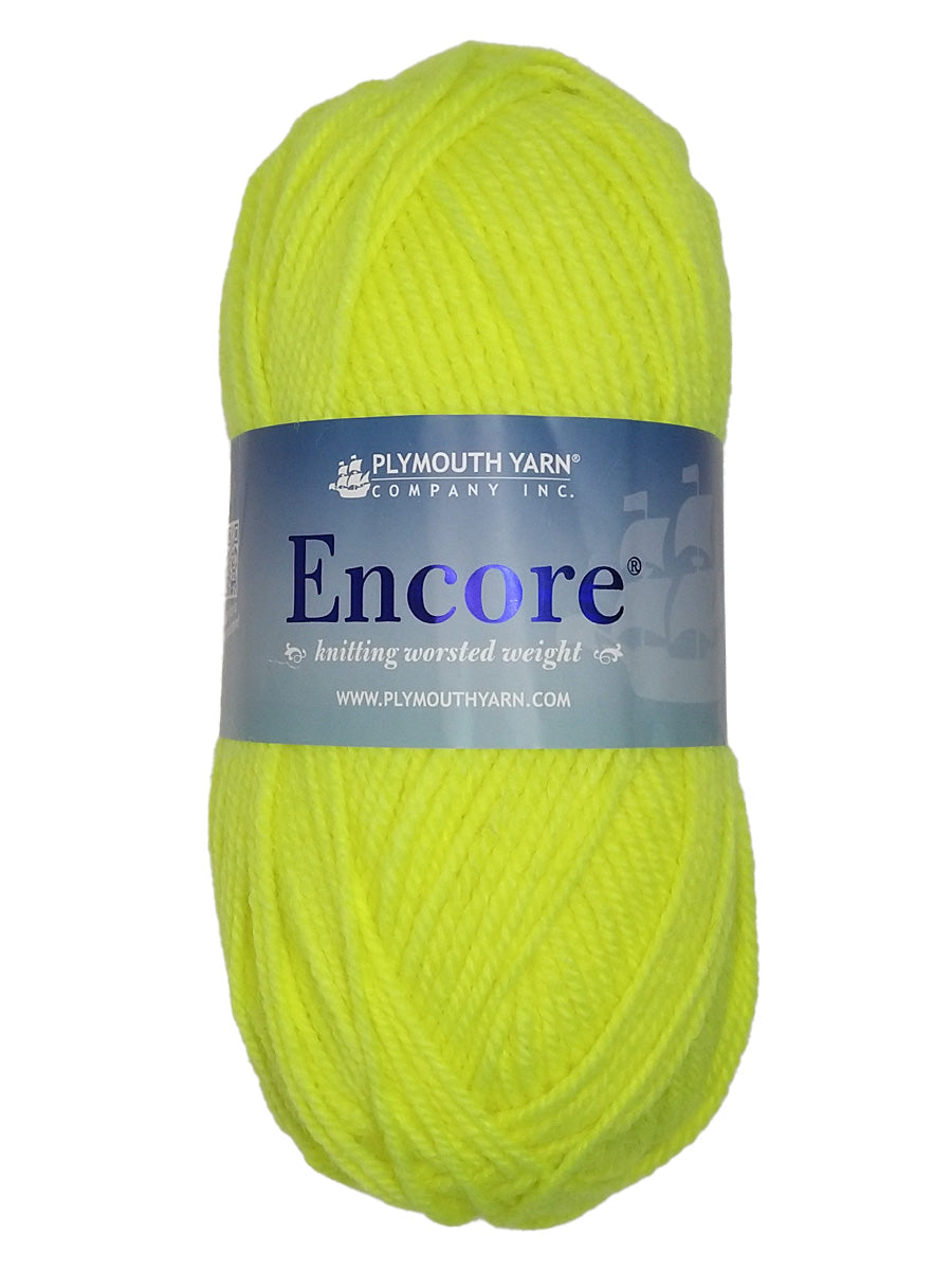Photo of a neon yellow skein of Encore Plymouth Yarn