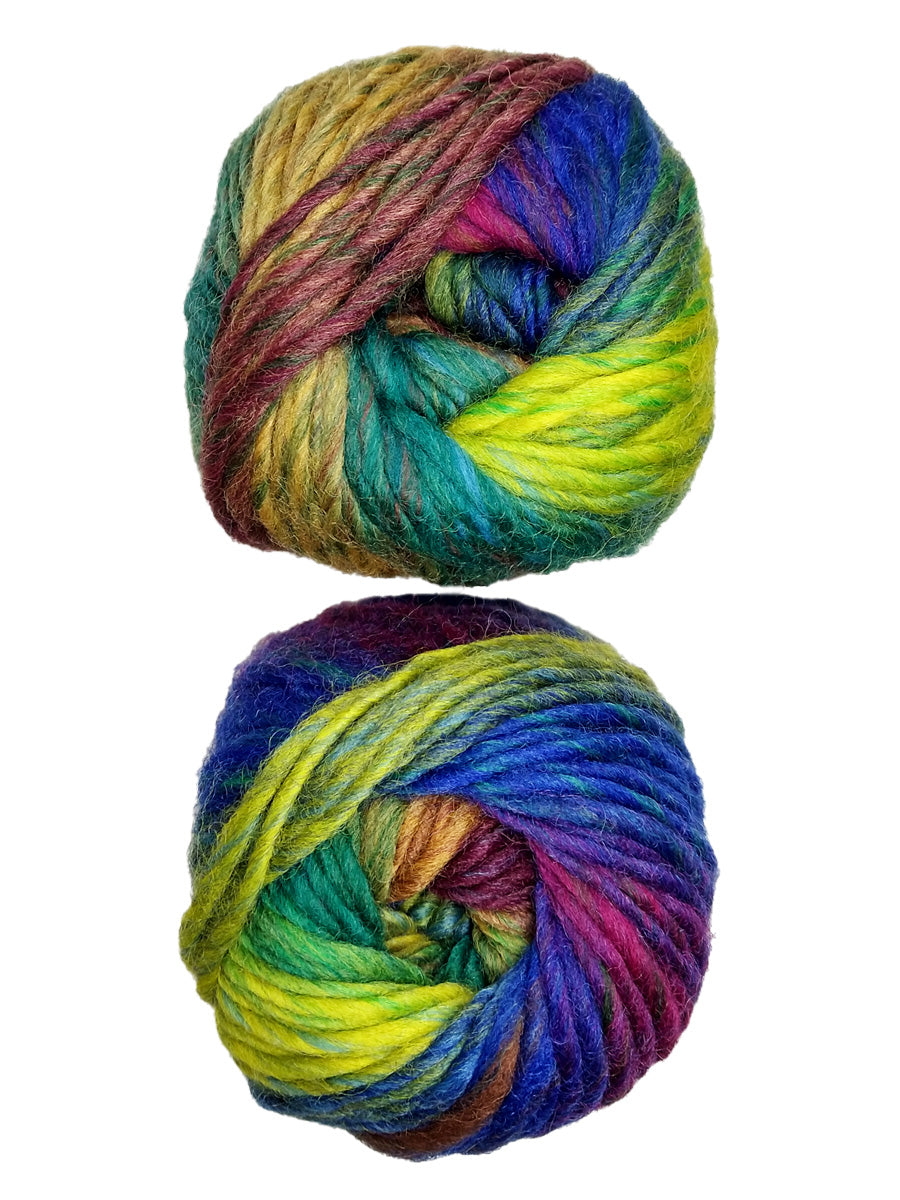 A photo of two blue, red, and gray skeins of Plymouth Gina Chunky