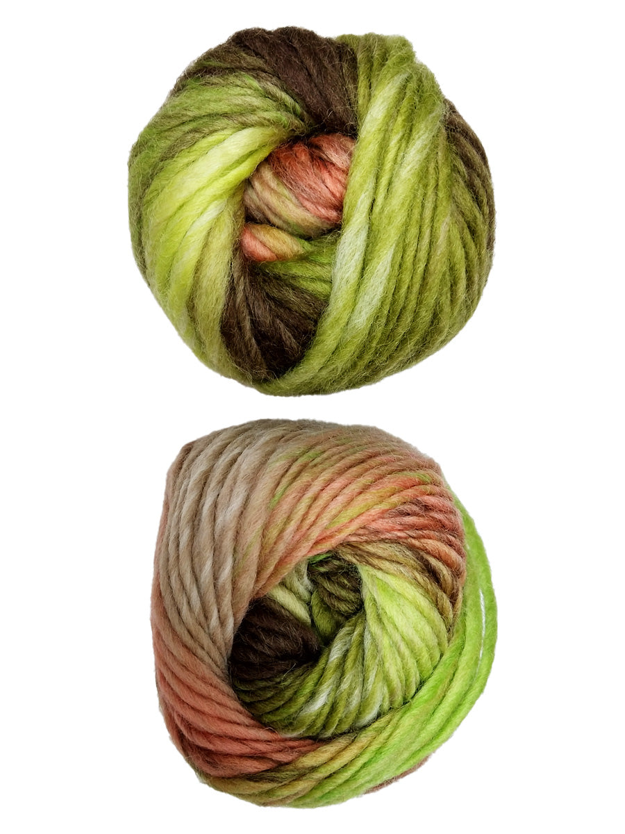 A photo of two pink, green, and gray skeins of Plymouth Gina Chunky