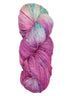 Hank of the colorway LaRamie- variegated hot pink with speckles of purple and streaks of bright blue.