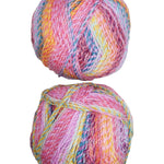 A photo of two pink, blue, yellow colorful balls of Marble Chunky yarn.