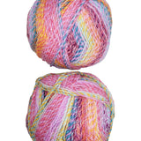 A photo of two pink, blue, yellow colorful balls of Marble Chunky yarn.