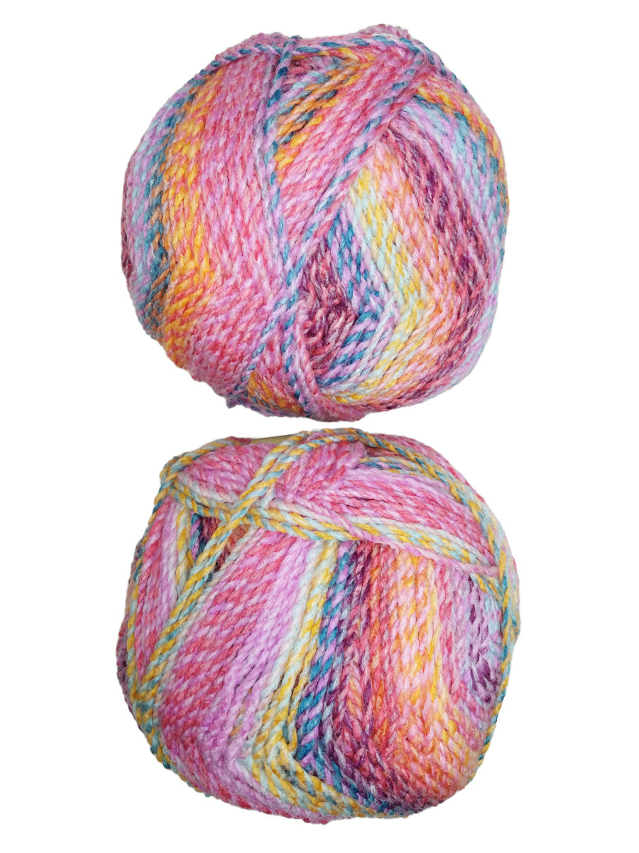 A photo of two pink, blue, yellow colorful balls of Marble Chunky yarn.