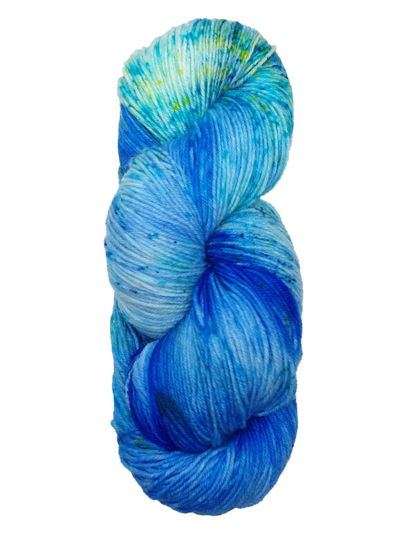 Hank of colorway Optimist- variegated light blue with speckles of green and streaks of dark blue.