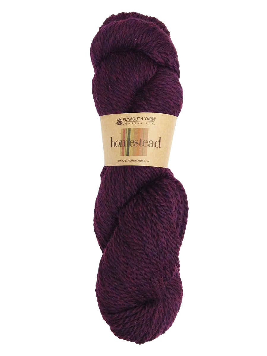 A photo of a wine-colored hank of Homestead yarn.