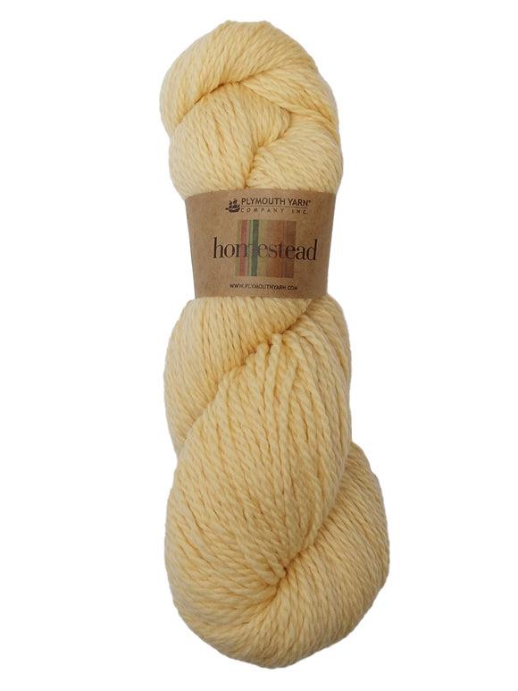 A photo of a yellow hank of Homestead yarn.